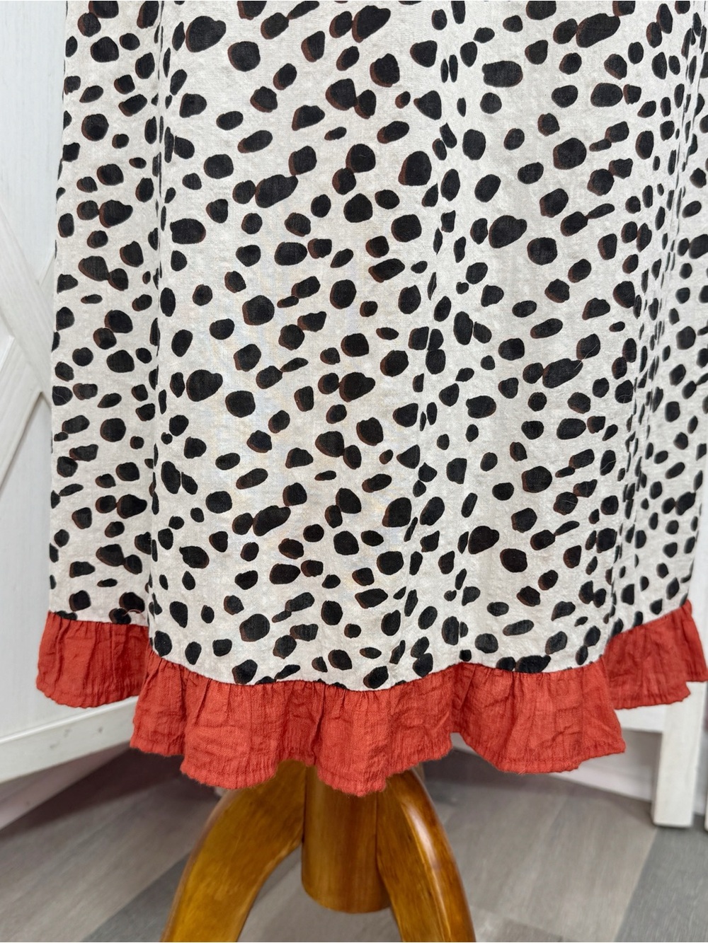 THML Animal Print Ruffle Trim Midi Dress Sundress Ivory Black XS Leopard Cottage - Picture 6 of 12